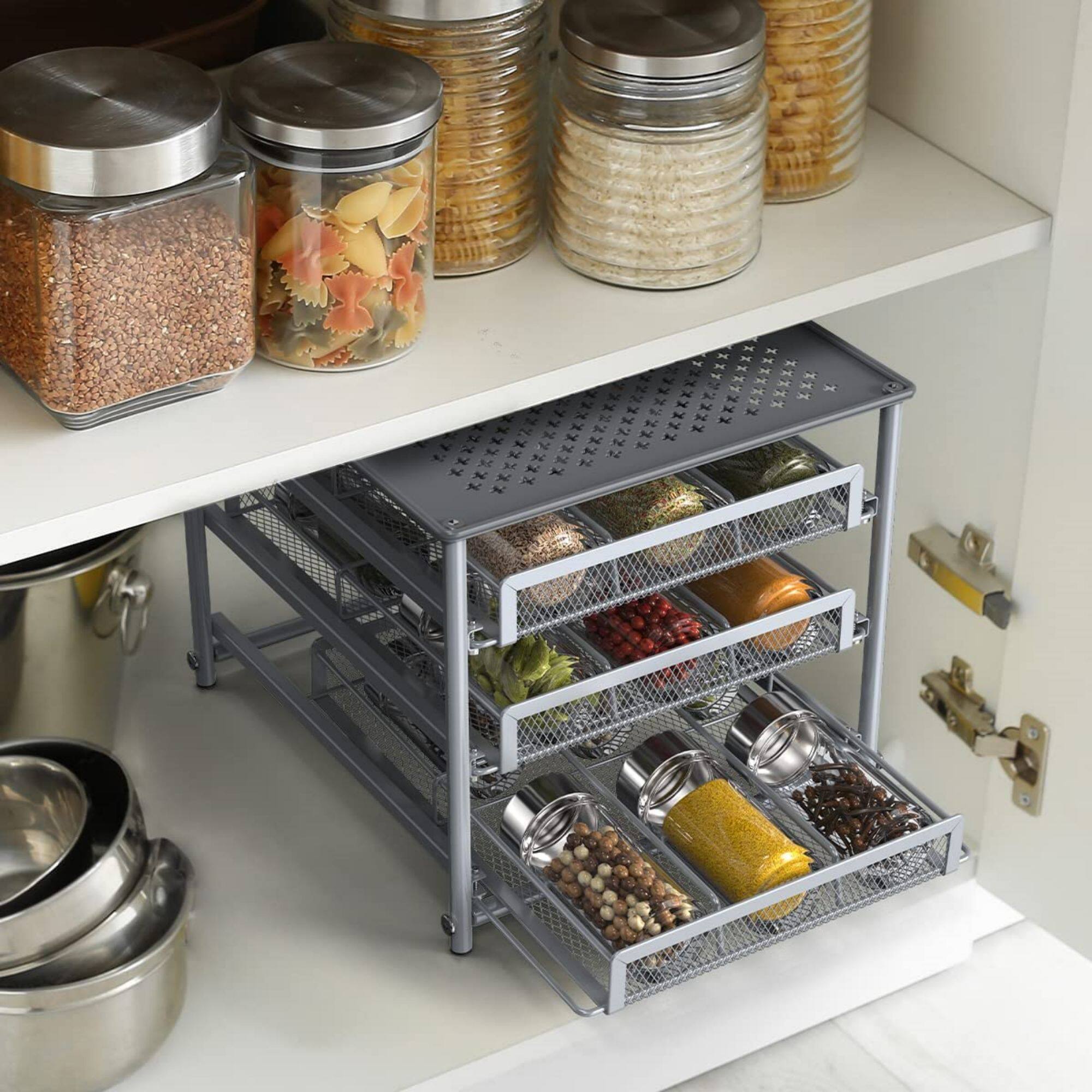 NEX™ 3-Tier 18-Bottle Metal Spice Rack with Drawer Organizer